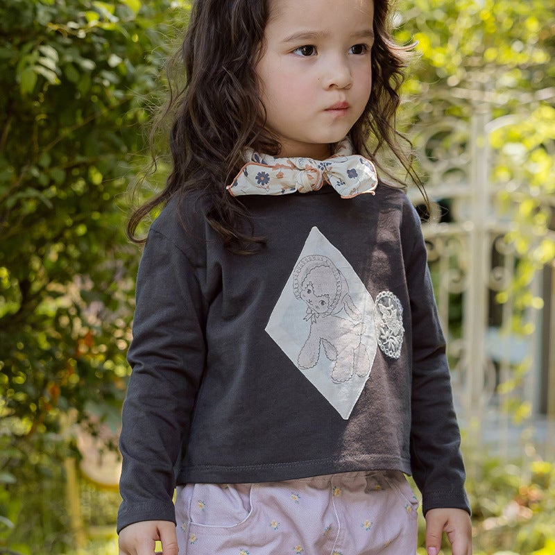 2025 Autumn Strawberry Shan Korean Kidsren Girls Cute Cartoon Lace Patch Short Long-Sleeved T-Shirt - Image 4