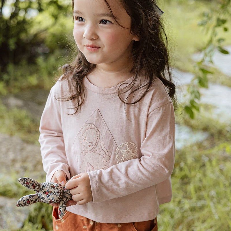 2025 Autumn Strawberry Shan Korean Kidsren Girls Cute Cartoon Lace Patch Short Long-Sleeved T-Shirt - Image 3