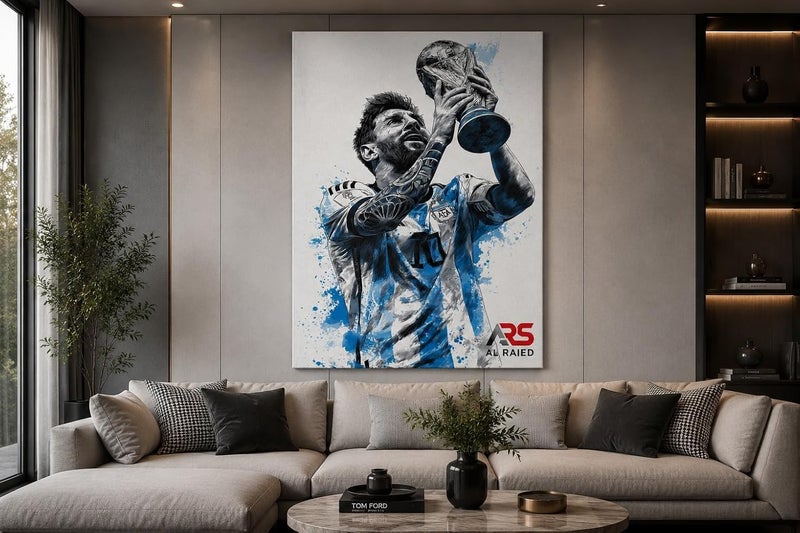 ARS Graphics ARS® Messi World Cup Champion Canvas Wall Art 70 X 120 CM - Lionel Messi Lifting Trophy Painting in Blue Watercolor - Image 2