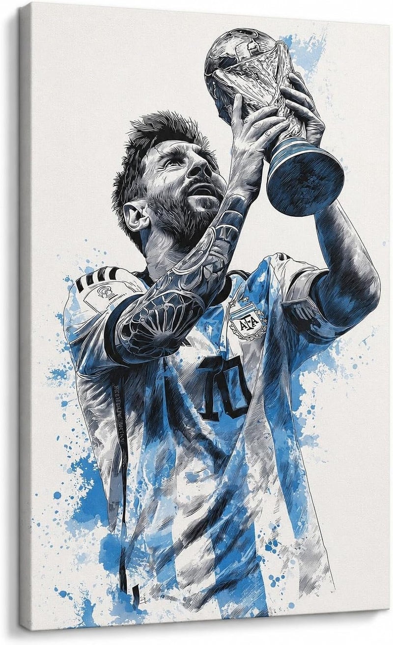 ARS Graphics ARS® Messi World Cup Champion Canvas Wall Art 70 X 120 CM - Lionel Messi Lifting Trophy Painting in Blue Watercolor - Image 1