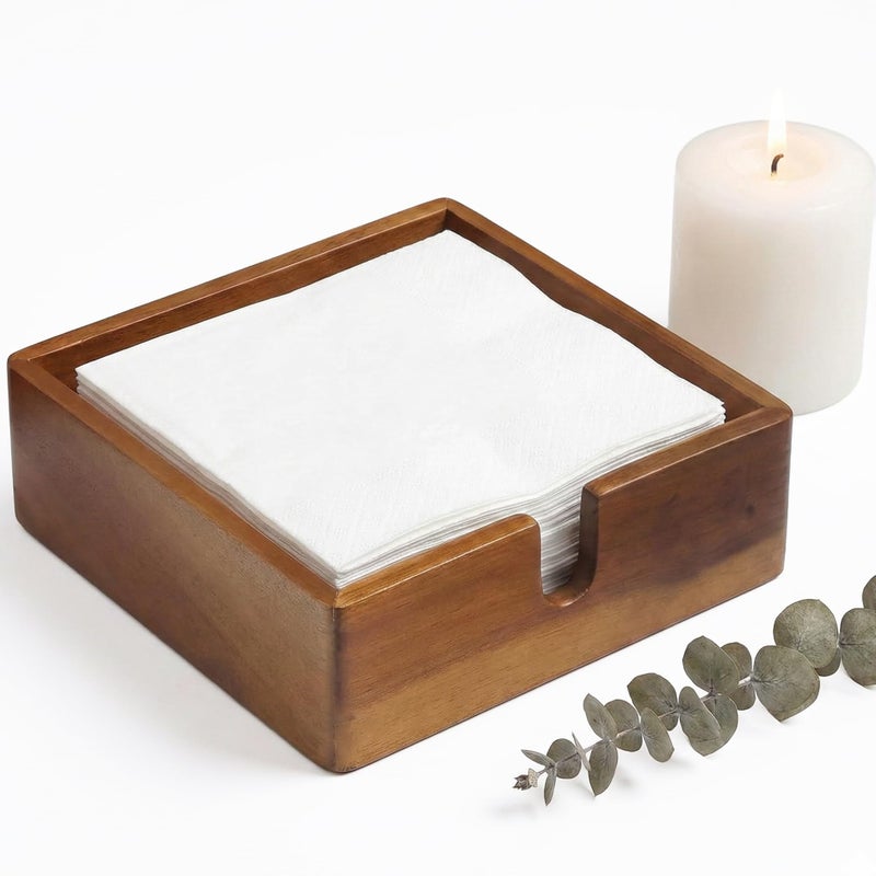 DEMIGO Acacia Lunch Napkin Holder 7.8 x 7.8 inches for Dining Table and Kitchen â€“ Napkin Dispenser Made from Brown Acacia Wood â€“ Premium Quality Feel for Dessert Beverage Party Dinner Luncheon Bar Table - Image 1