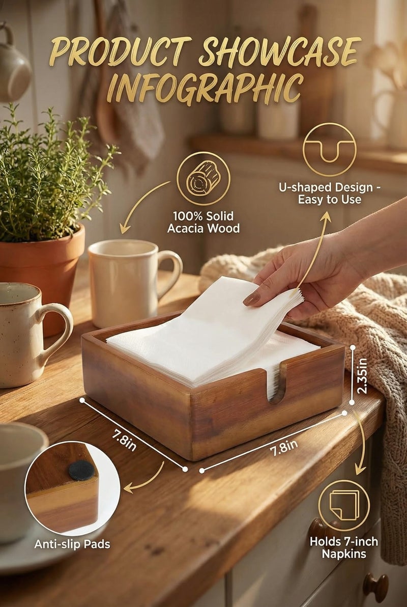 DEMIGO Acacia Lunch Napkin Holder 7.8 x 7.8 inches for Dining Table and Kitchen â€“ Napkin Dispenser Made from Brown Acacia Wood â€“ Premium Quality Feel for Dessert Beverage Party Dinner Luncheon Bar Table - Image 2