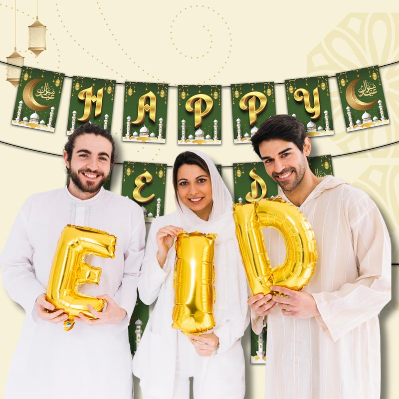 1iAM Eid Mubarak Decoration Item | 1pc 13.6X10.3cm Happy EID 300gsm Printed Beautiful Green Color Moon Bunting Paper Banner for Celebration of Eid | Ramadan Decoration Item - Image 3