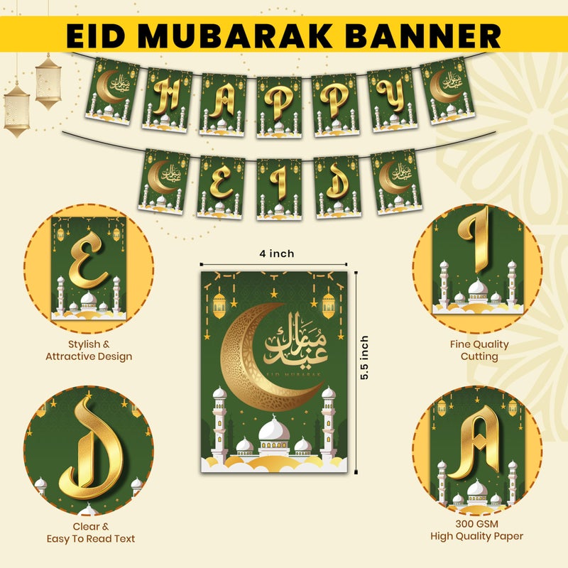 1iAM Eid Mubarak Decoration Item | 1pc 13.6X10.3cm Happy EID 300gsm Printed Beautiful Green Color Moon Bunting Paper Banner for Celebration of Eid | Ramadan Decoration Item - Image 4
