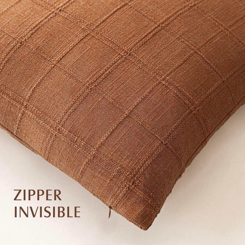 Foindtower Set of 2 Decorative Linen Check Throw Pillow Covers Neutral Farmhouse Lumbar Cushion Covers Modern Boho Home Decor for Sofa Chair Couch Bedroom Living Room,12×24 Inch,Orange - Image 3