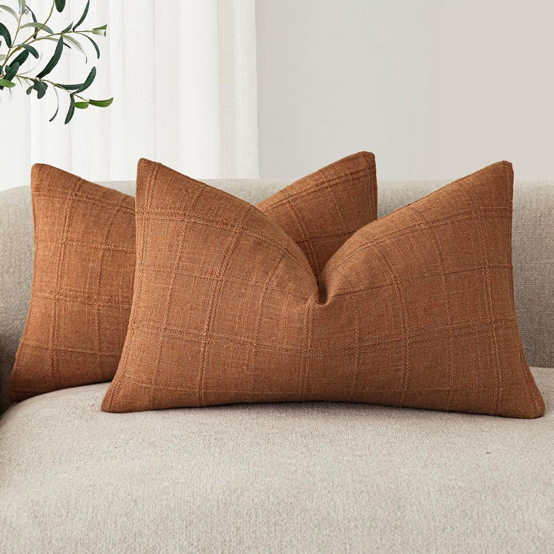 Foindtower Set of 2 Decorative Linen Check Throw Pillow Covers Neutral Farmhouse Lumbar Cushion Covers Modern Boho Home Decor for Sofa Chair Couch Bedroom Living Room,12×24 Inch,Orange - Image 1