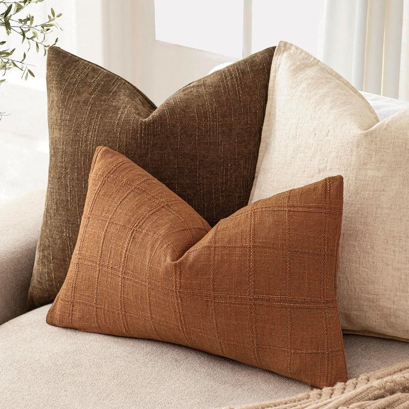 Foindtower Set of 2 Decorative Linen Check Throw Pillow Covers Neutral Farmhouse Lumbar Cushion Covers Modern Boho Home Decor for Sofa Chair Couch Bedroom Living Room,12×24 Inch,Orange - Image 5