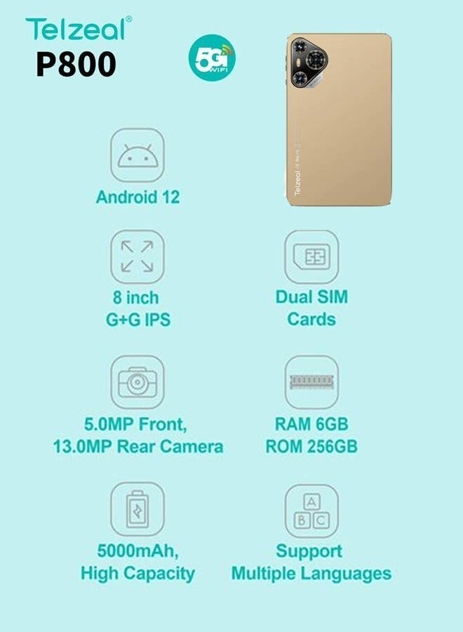 Telzeal جهاز لوحي P800 بحجم 8 إنش، أندرويد 12، شريحتين، 6 جيجابايت رام، 256 جيجابايت روم، واي فاي 5G، بطارية 5000 مللي أمبير، كاميرا مزدوجة، يتضمن لوحة مفاتيح لاسلكية، جهاز ذكي نحيف وخفيف الوزن - ذهبي - Image 3