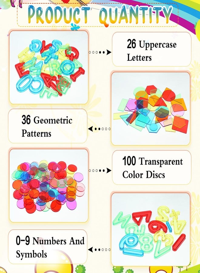 Rotatingpals 172 Pcs Translucent Light Table Manipulatives for Preschool Classroom Include Colorful Plastic Transparent Letters and Numbers Round Chips Geometric Sheet for Students Counting Spelling - Image 3