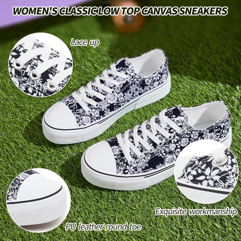 Adokoo Canvas Tennis Shoes for Women Low Top Casual White Navy Flower Sneakers for Women Lace Up Fashion Comfortable Walking Shoes (Navy Flower,11) - Image 5
