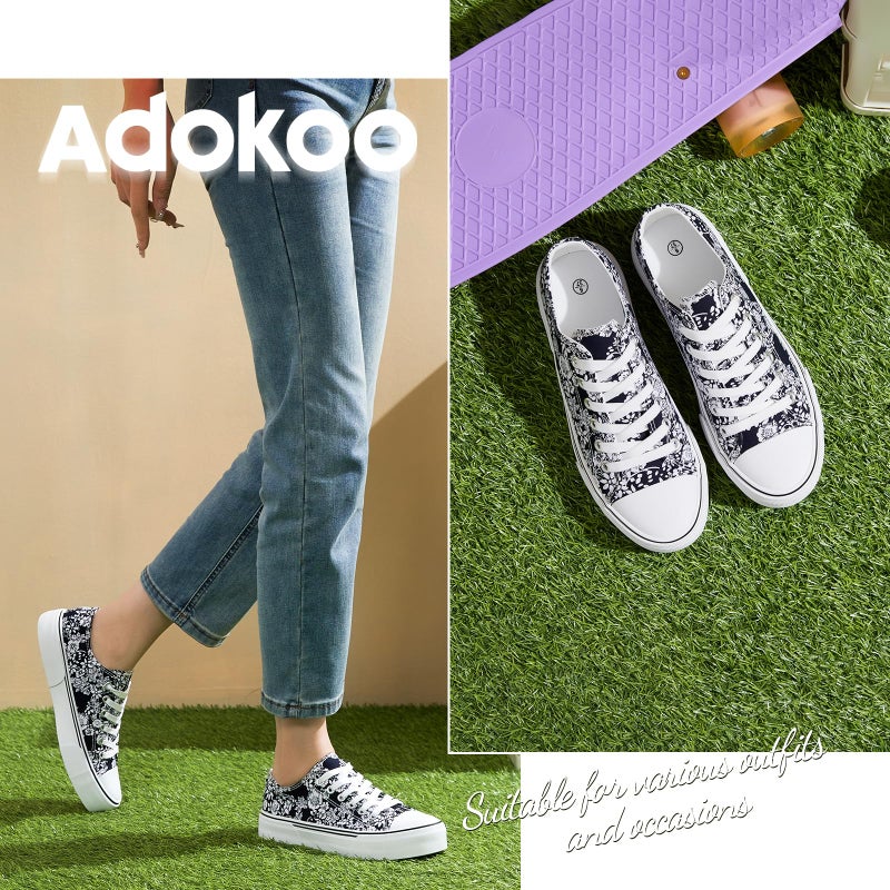 Adokoo Canvas Tennis Shoes for Women Low Top Casual White Navy Flower Sneakers for Women Lace Up Fashion Comfortable Walking Shoes (Navy Flower,11) - Image 2