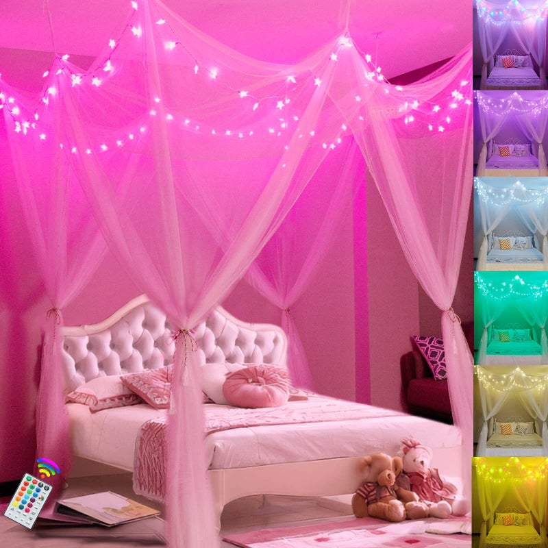 Obrecis White Bed Canopy with Star Lights for Girls 8 Corner Post Princess Canopy Bed Curtains with 100 LED Star Lights String Color Changing for Bedroom Decor Twin Full Queen King Bed