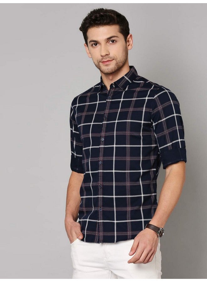 Dennis Lingo Dennis Lingo Men's Checkered Navy Slim Fit Cotton Casual Shirt (AZ751_Navy_XL) - Image 2