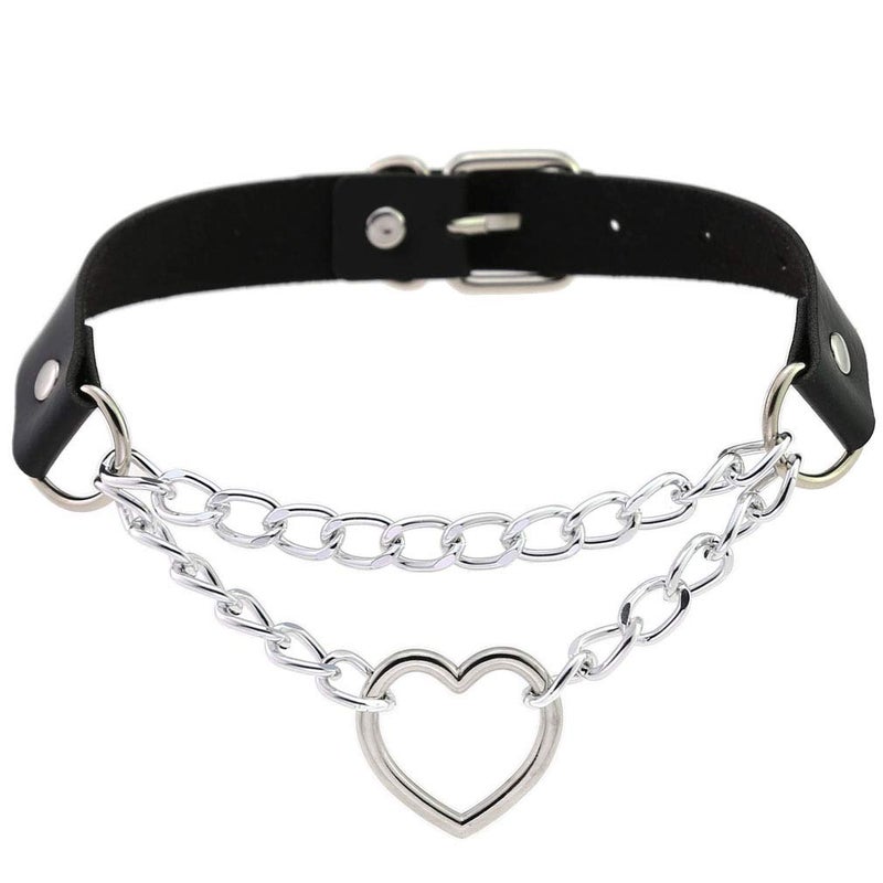 FM FM42 Pink PU Simulated Leather Gothic Punk Silver-tone Heart Ring Cuban Curb Link Chain Adjustable Neckband Collar Choker PN2401 - Image 2