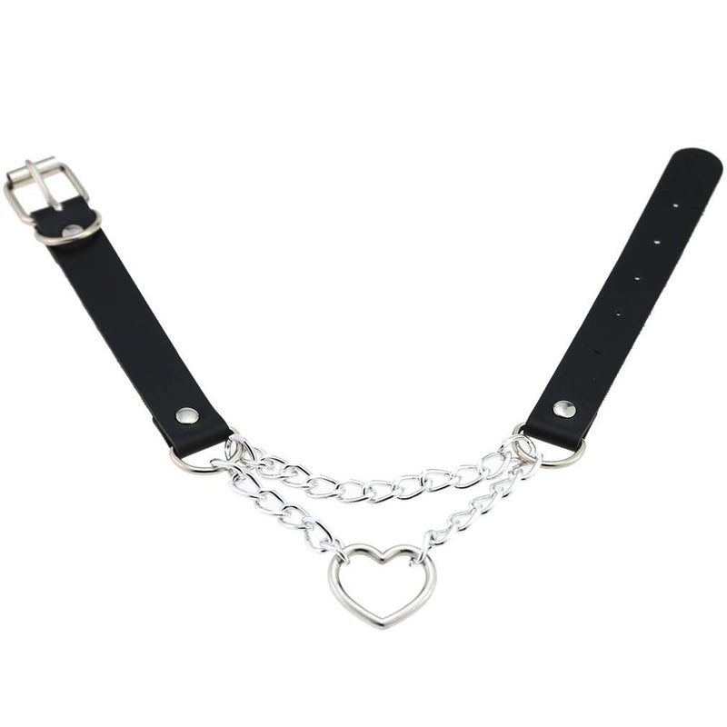 FM FM42 Pink PU Simulated Leather Gothic Punk Silver-tone Heart Ring Cuban Curb Link Chain Adjustable Neckband Collar Choker PN2401 - Image 3