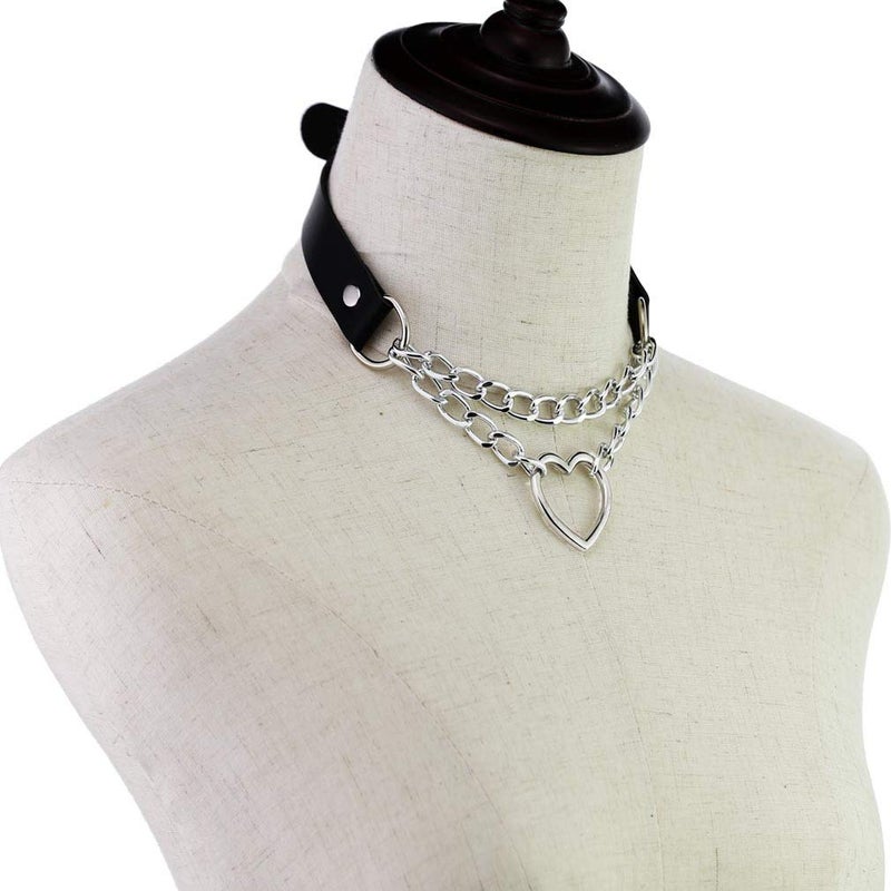 FM FM42 Pink PU Simulated Leather Gothic Punk Silver-tone Heart Ring Cuban Curb Link Chain Adjustable Neckband Collar Choker PN2401 - Image 5
