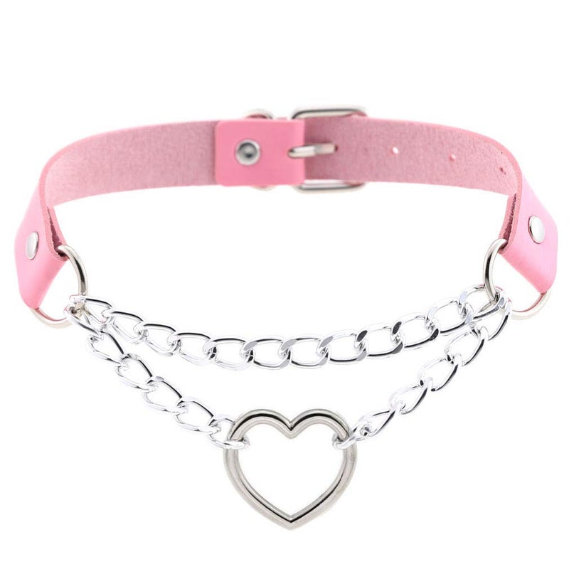 FM FM42 Pink PU Simulated Leather Gothic Punk Silver-tone Heart Ring Cuban Curb Link Chain Adjustable Neckband Collar Choker PN2401 - Image 1