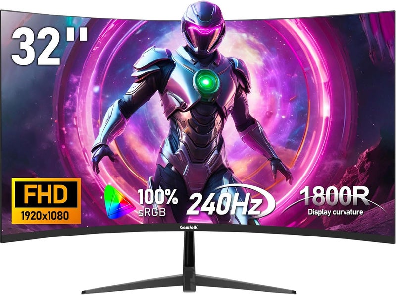 Gawfolk شاشة ألعاب 32 بوصة 240Hz FHD منحنية مع 100% sRGB وألوان عالية وسرعة 1ms (GTG) تقنية FreeSync للألعاب الإلكترونية والاستخدام المنزلي والمكتبي - Image 1