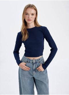 DeFacto Fitted Crew Neck Ribbed Basic Plain Long Sleeve T-Shirt  - Image 1