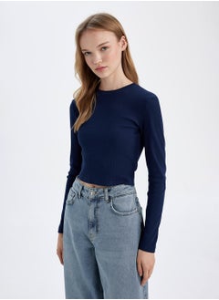 DeFacto Fitted Crew Neck Ribbed Basic Plain Long Sleeve T-Shirt  - Image 2