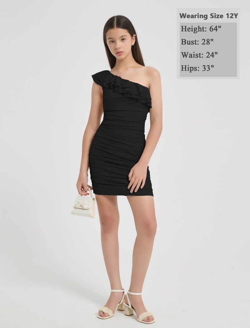 EXARUS Girls Bodycon Dress Party Tight Ruched Mesh Sleeveless Teen One Shoulder Asymmetrical Short Pencil Dresses School Dance Proms Formal Ruffle Trim Black 10Y - Image 5
