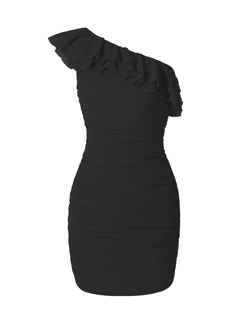 EXARUS Girls Bodycon Dress Party Tight Ruched Mesh Sleeveless Teen One Shoulder Asymmetrical Short Pencil Dresses School Dance Proms Formal Ruffle Trim Black 10Y - Image 1