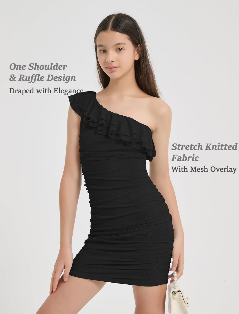 EXARUS Girls Bodycon Dress Party Tight Ruched Mesh Sleeveless Teen One Shoulder Asymmetrical Short Pencil Dresses School Dance Proms Formal Ruffle Trim Black 10Y - Image 3