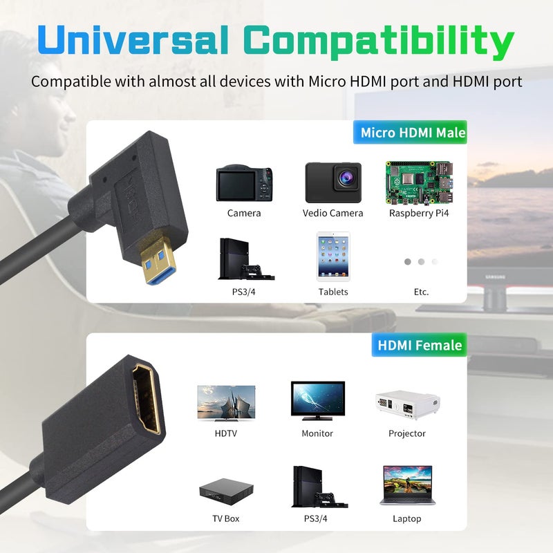 دوتك كابل تمديد قصير رفيع جدًا بزاوية قائمة من Micro HDMI ذكر إلى HDMI أنثى، يدعم 48Gbps وفيديو فائق الوضوح 8K إلخ. 1 قدم/30 سم - Image 3