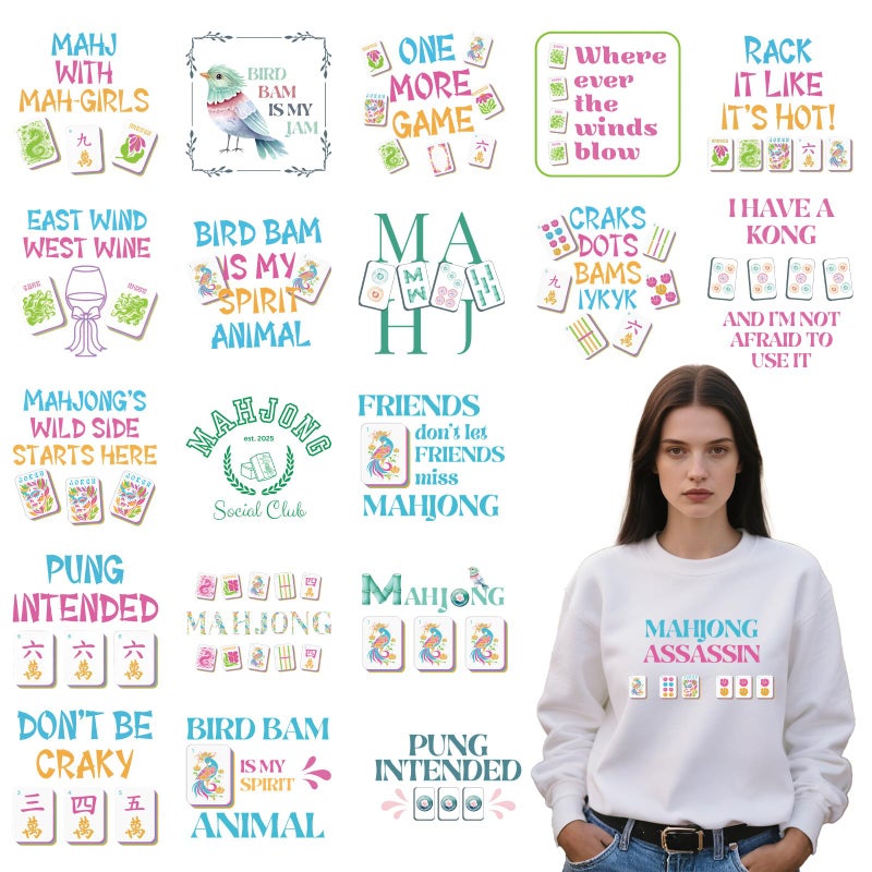 Aposwow Dtf Transfers Ready to Press - 20 Pcs Mahjong Iron on Patches for T-Shirts, Funny Mahjong Iron on Stickers Bird Heat Transfer Vinyl Decals for DIY Fabric Clothes Decor - Image 1