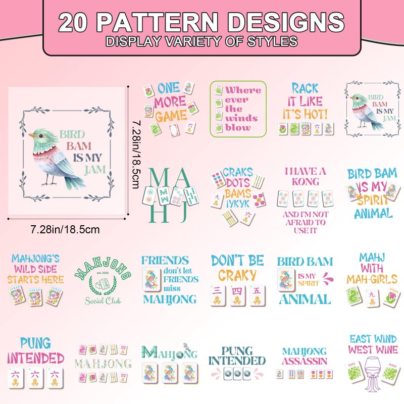 Aposwow Dtf Transfers Ready to Press - 20 Pcs Mahjong Iron on Patches for T-Shirts, Funny Mahjong Iron on Stickers Bird Heat Transfer Vinyl Decals for DIY Fabric Clothes Decor - Image 2