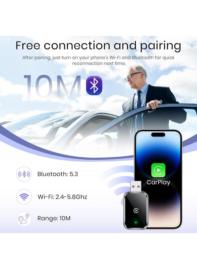Wireless CarPlay Adapter for iPhone, Convert Wired to Wireless Apple CarPlay Adapter, Mini Size with Extension Cable USB & USB-C/Type-C, Stable Control & No Delay, Black - Image 4