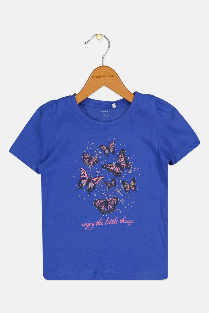 NAME IT تي شيرت قصير الأكمام بنات toddlers بتصميم جرافيكي وياقة دائرية، أزرق - Image 1