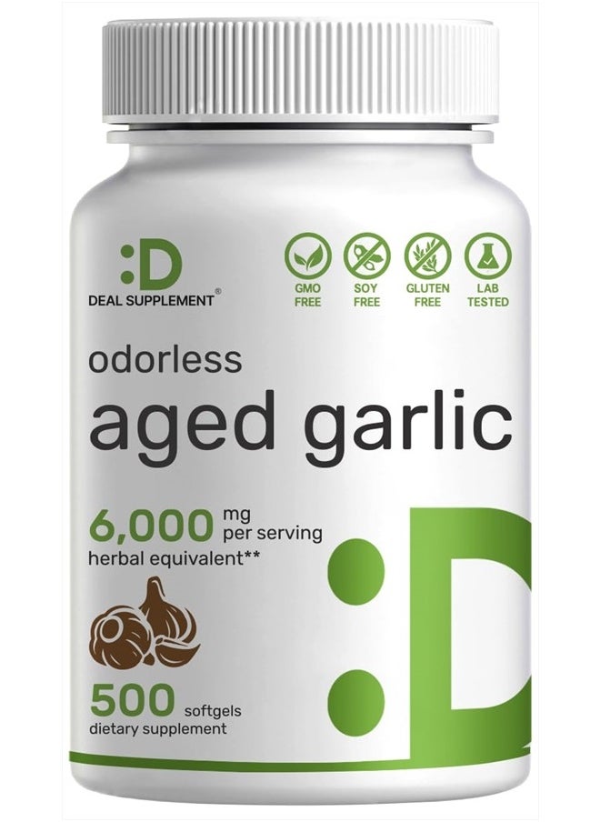 DEAL SUPPLEMENT Odorless Aged Garlic Pills, 6,000mg Per Serving, 500 Softgels – 24:1 Garlic Oil Extract – Fresh Allium Sativum Bulb Source – Heart & Immune Antioxidant Supplements – Non-GMO  - Image 1