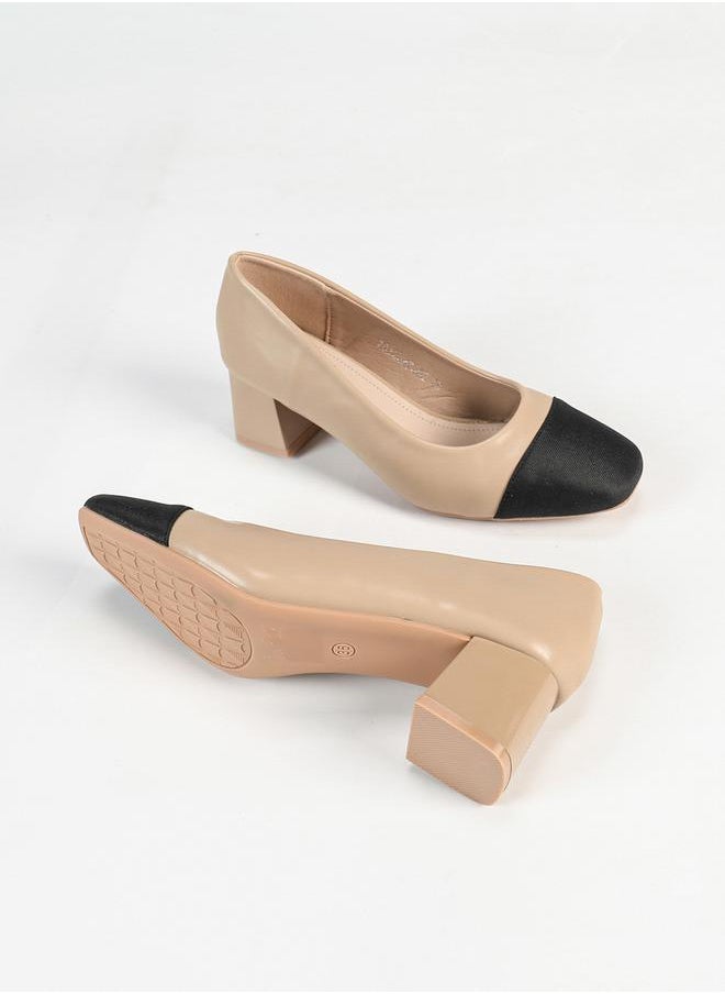 Sneak-a-Peek - Two Tone Square Toe Block Heeled Pumps - Image 1