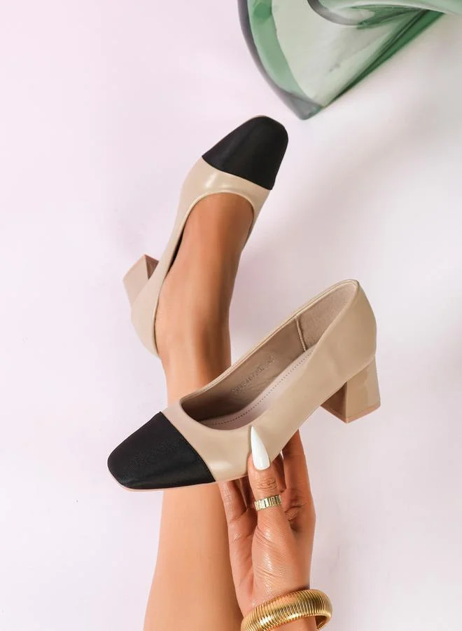 Sneak-a-Peek Two Tone Square Toe Block Heeled Pumps