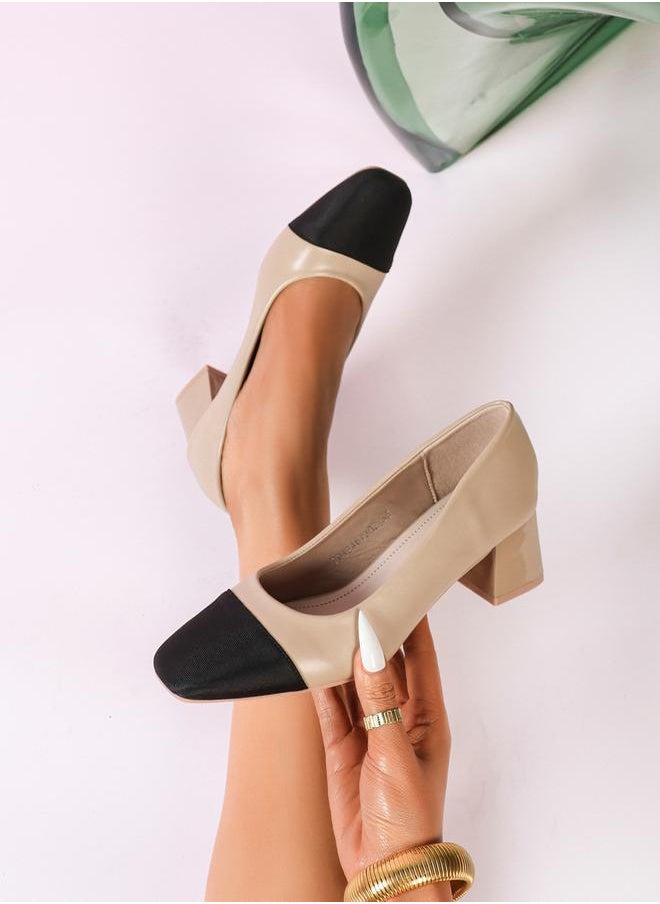 Sneak-a-Peek - Two Tone Square Toe Block Heeled Pumps - Image 1