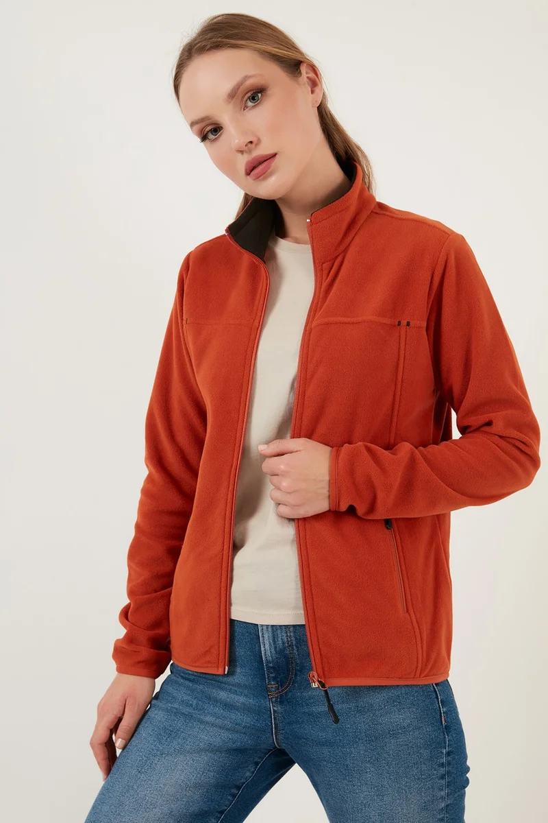 ليلا High Collar Zipper Pocket Fleece Cardigan Women's Fleece 5907002