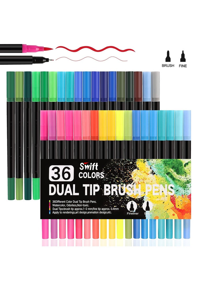 Swift 36 Pcs Dual Tip Brush Markers Pens for Coloring, Fine Art Markers for Kids Adult Coloring Books Bullet Journal Note Taking Lettering Drawing Craft Supplies  - Image 1