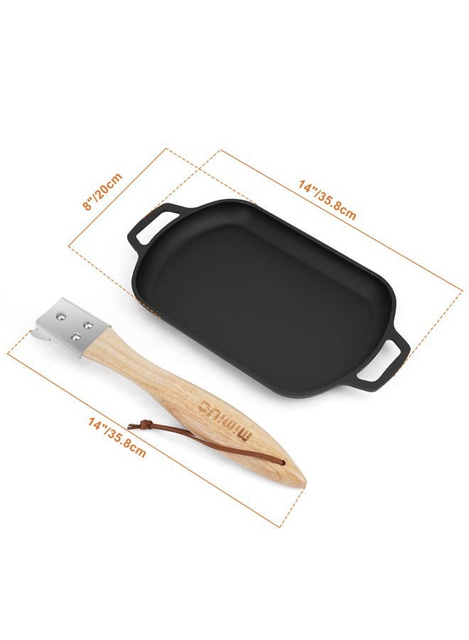 Mimiuo Cast Iron Sizzler Pan, 14 Inch Non-Stick Sizzling Fajita Skillet Rectangular Griddle Pan with Removable Handle for Pizza Oven Stove Cooking Grilling Meats Seafood - Image 3