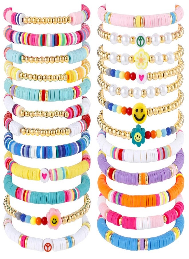 Sureio 24 Pcs Colorful Peace Sign Friendship Bracelets Heart Smile Bracelets Surfer Stretch Beaded Kids Bracelet for Girls Women Back to School Tween Girl Party Favors - Image 1