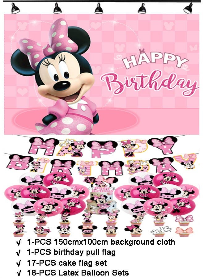 37-PCS Minnie theme set birthday party supplies including Minnie background cloth (size 150cmx100cm) - Image 1