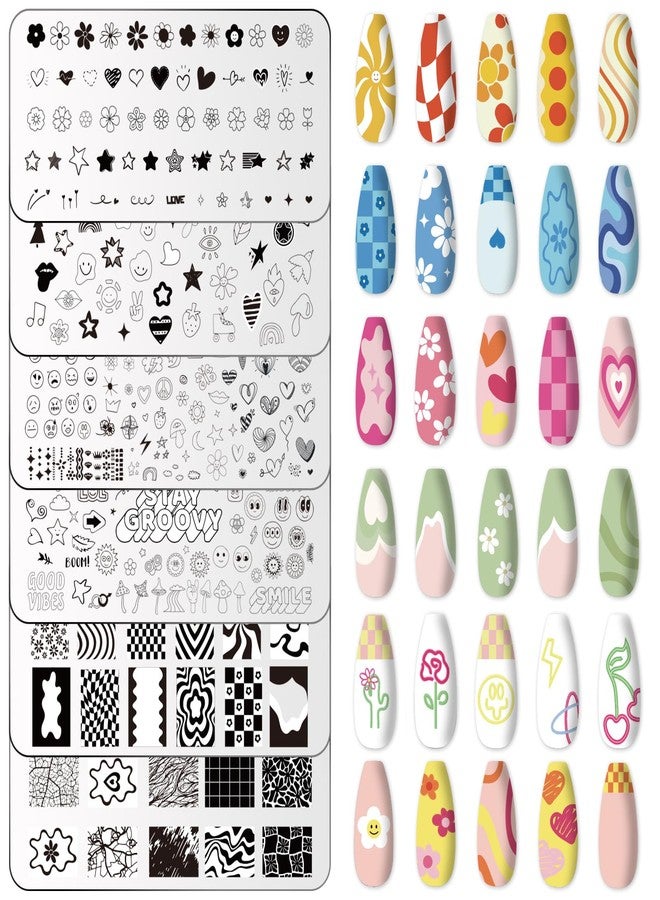 Whaline 6Pcs Preppy Nail Plates Stamping Set Heart Flower Butterfly Star Smiling Stamp Templates Groovy Nail Art Plates for DIY Print Manicure Salon Design Gift - Image 1