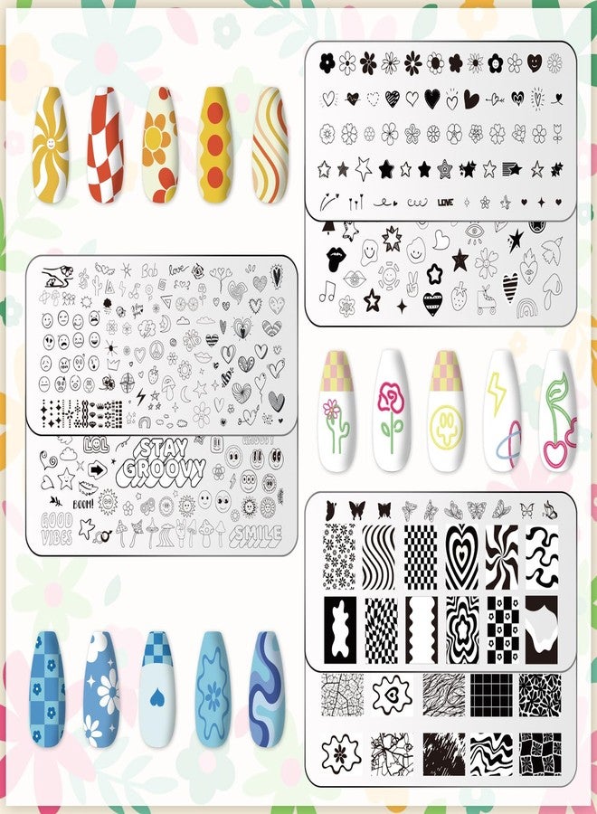 Whaline 6Pcs Preppy Nail Plates Stamping Set Heart Flower Butterfly Star Smiling Stamp Templates Groovy Nail Art Plates for DIY Print Manicure Salon Design Gift - Image 3