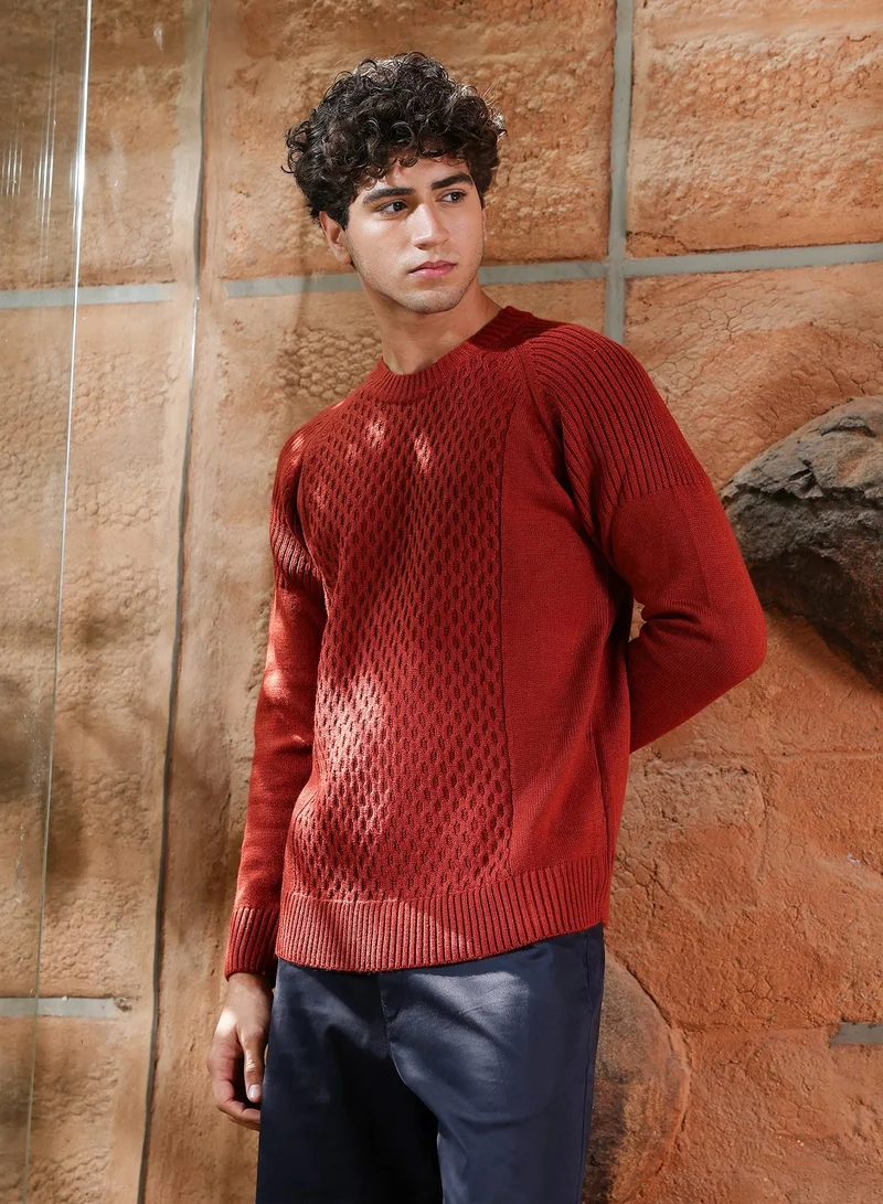 Campus Sutra Campus Sutra Men's Terracotta Brown Mesh-Jacquard Knit Pullover Sweater | Round Neck , Ribbed Cuff Sleeves , Pull On Closure , Ribbed-Straight Hem | Solid Jacquard For Casual & Daily Wear