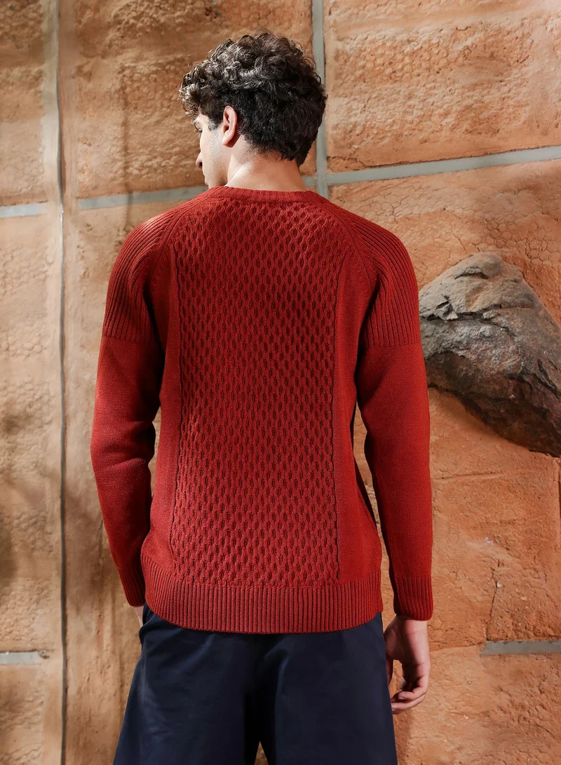 Campus Sutra Campus Sutra Men's Terracotta Brown Mesh-Jacquard Knit Pullover Sweater | Round Neck , Ribbed Cuff Sleeves , Pull On Closure , Ribbed-Straight Hem | Solid Jacquard For Casual & Daily Wear