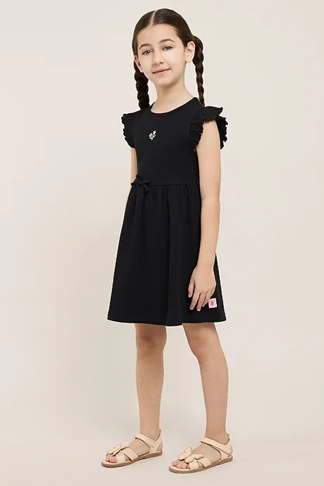 أر أند بي Ribbed Flared Dress with Crew Neck and Flutter Sleeves