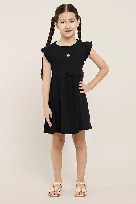 أر أند بي Ribbed Flared Dress with Crew Neck and Flutter Sleeves
