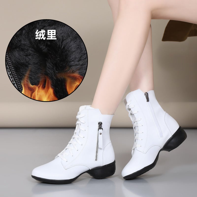 Generic Autumn and winter fleece-lined warm sailor dance short boots outdoor wear soft-soled dance shoes for middle-aged and elderly performance square dance boots White-velvet