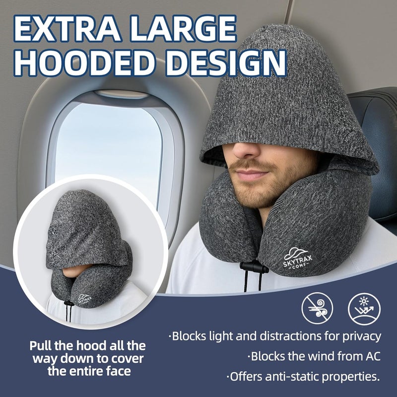 SKYTRAX COMF Travel Pillow with Extra Large Hood for Airplane Long Flights Privacy and Comfort Memory Foam with Skin-Friendly Cover for Road Trip Head&Neck Support for Plane Office Cars Sleeping & Rest (Grey) - Image 2