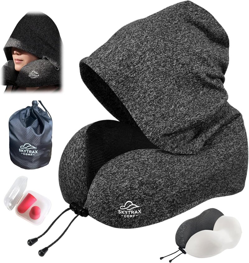SKYTRAX COMF Travel Pillow with Extra Large Hood for Airplane Long Flights Privacy and Comfort Memory Foam with Skin-Friendly Cover for Road Trip Head&Neck Support for Plane Office Cars Sleeping & Rest (Grey) - Image 1